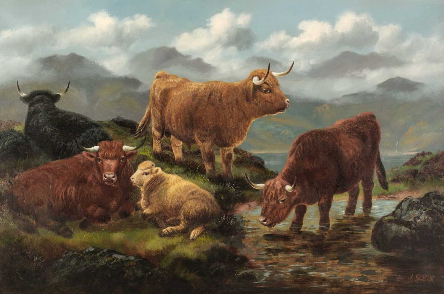 Lot 154 - Fox (John Shirley, 1860-1939). Highland Cattle and a Sheep by the Water, circa 1910