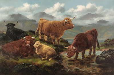 Lot 150 - Fox (John Shirley, 1860-1939). Highland Cattle and a Sheep by the Water, circa 1910