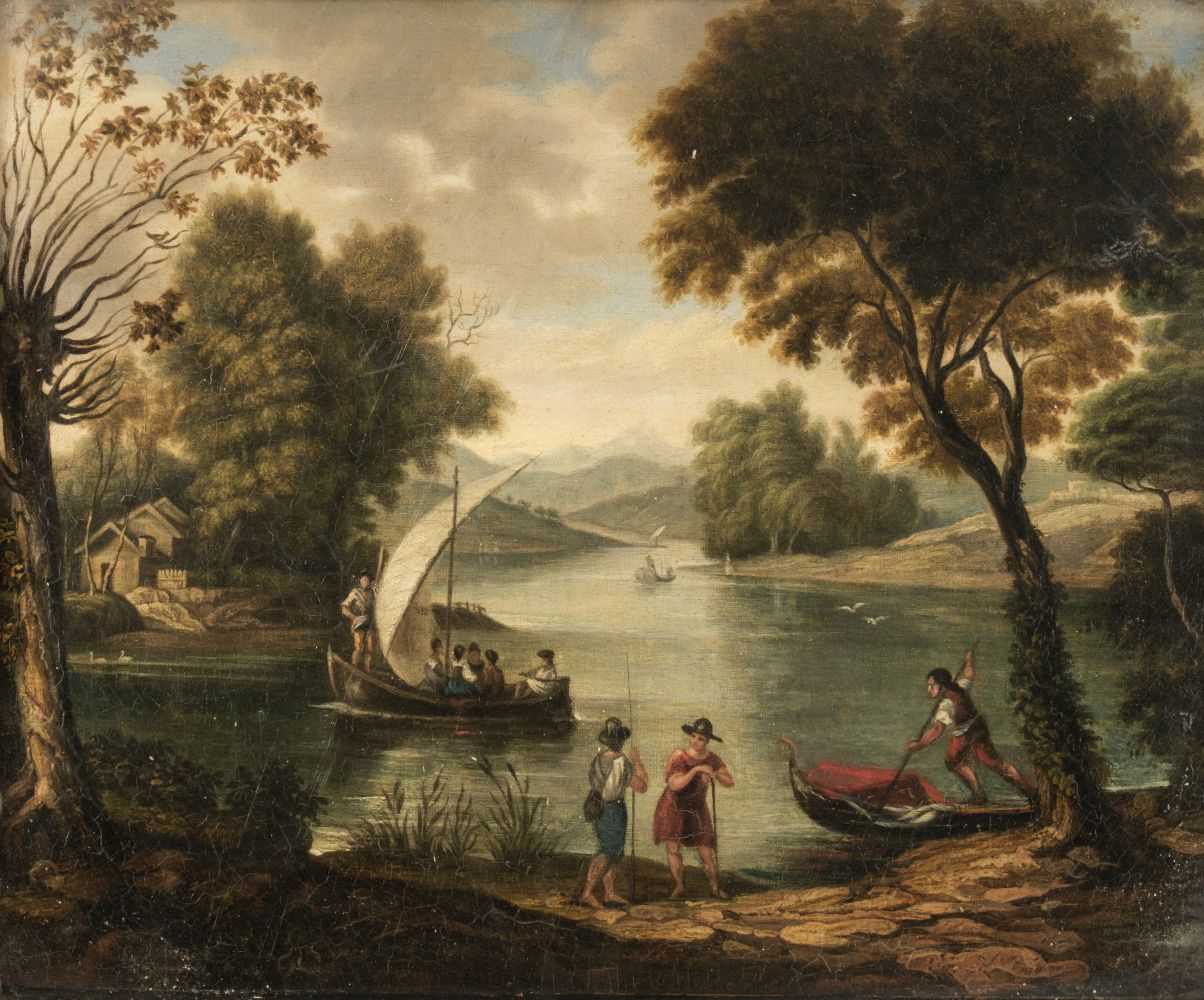 Lot 4 - Dutch Italianate School. River landscape with figures, boats, and a house by the shore, circa 1670