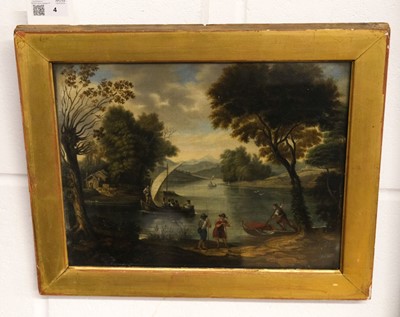 Lot 4 - Dutch Italianate School. River landscape with figures, boats, and a house by the shore, circa 1670