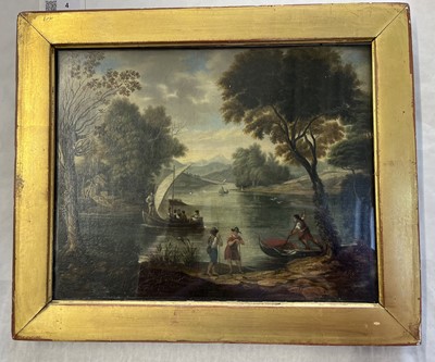 Lot 4 - Dutch Italianate School. River landscape with figures, boats, and a house by the shore, circa 1670