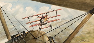 Lot 298 - Howell (John, 1936 -). WWI dogfight, watercolour on paper, showing the Red Baron