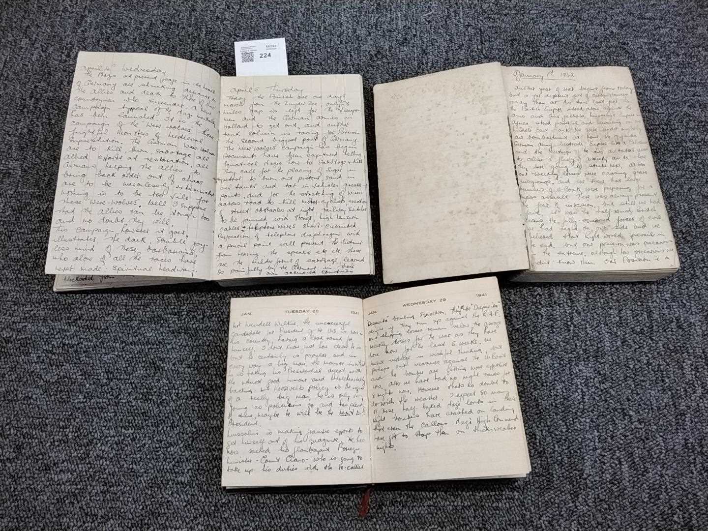 Lot 224 - WWII Diaries. Three WWII diaries kept by A.H.