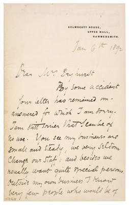 Lot 350 - Morris (William, 1834-1896), Autograph Letter Signed, 'Wm Morris', 1892