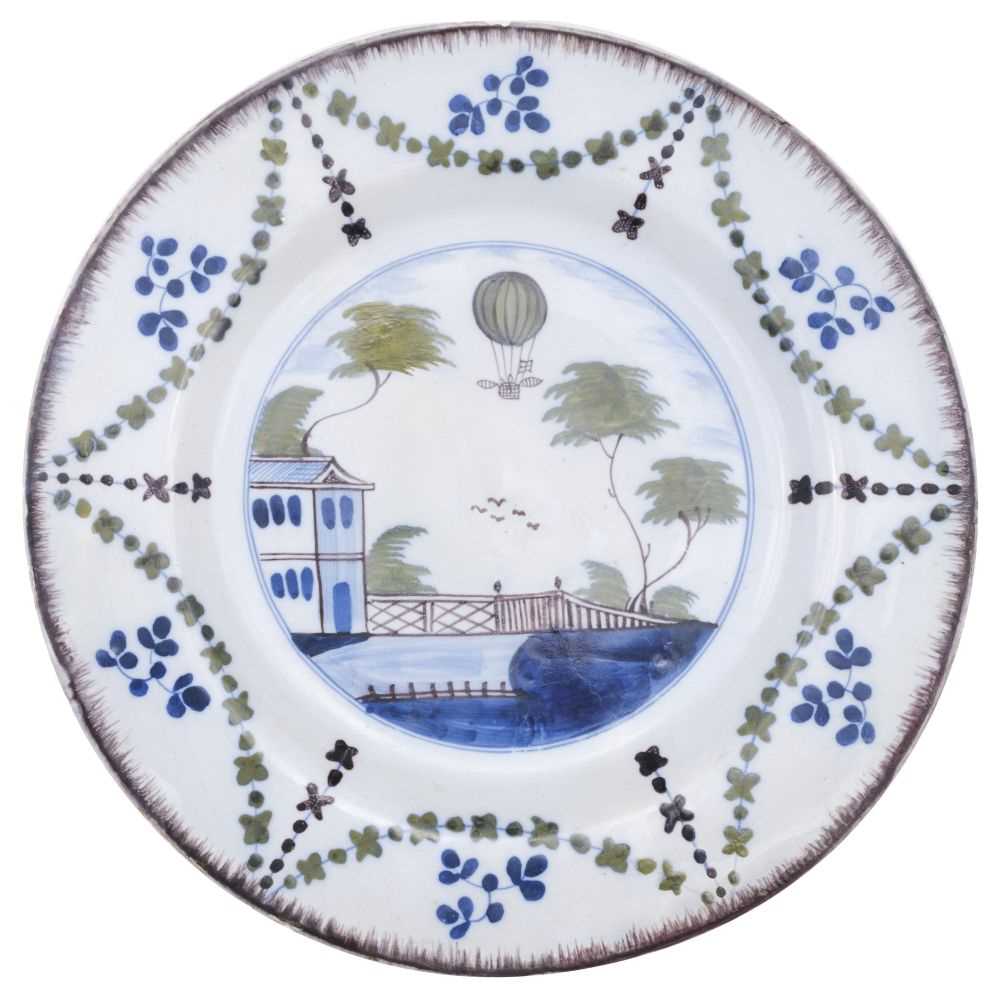 Lot 512 - Early Ballooning.  London delft plate commemorating the flight of Vincenzo Lunardi