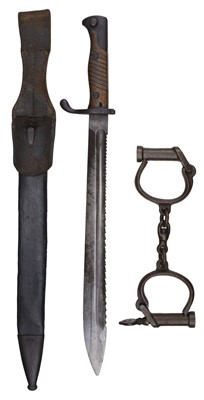 Lot 226 - Bayonet. WWI period German "Butcher" bayonet and handcuffs