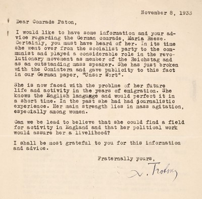 Lot 267 - Trotsky (Leon, 1879-1940), Typed Letter Signed, ‘L. Trotsky’, 8 November 1933