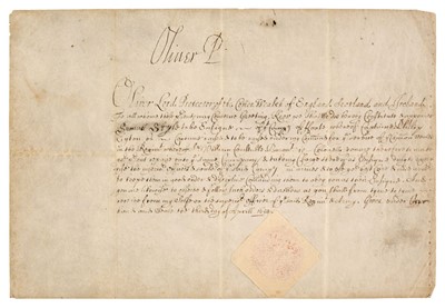 Lot 242 - Cromwell (Oliver, 1599-1658), Document Signed, ‘Oliver P’, 3 April 1654