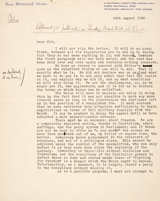 Lot 270 - Shaw (George Bernard, 1856-1950), A fine Typed Letter Signed, 14 August 1940