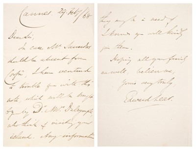 Lot 250 - Lear (Edward, 1812-1888). Autograph Letter Signed, ‘Edward Lear’, Cannes, 29 February [18]68