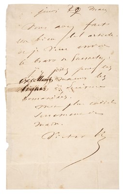 Lot 232 - Hugo (Victor-Marie, 1802-1885).  Autograph Letter Signed, 'Victor Hugo', Tuesday 20 March