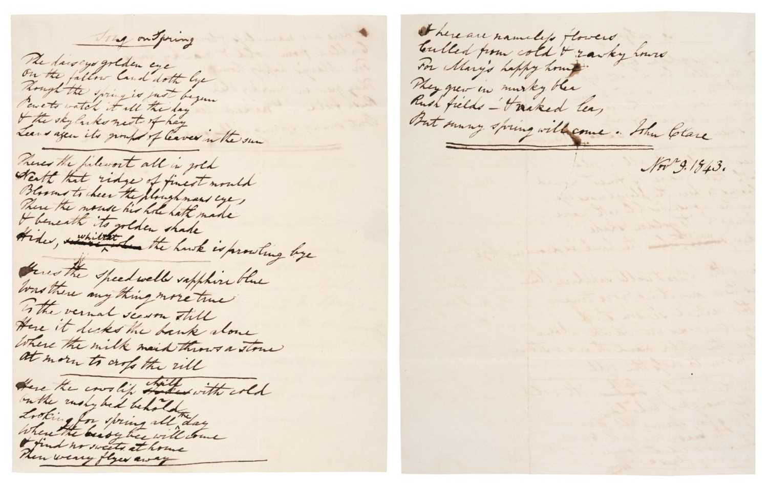 Lot 228 - Clare (John, 1793-1864), Autograph Manuscript Poem Signed, ‘John Clare’, 9 November 1843