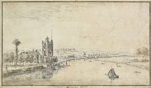 Lot 130 - London. Battersea Church, late 18th-century pen and ink drawing