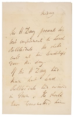 Lot 322 - Davy (Humphry, 1778-1829), Autograph Letter Signed in the third person, Monday, no date