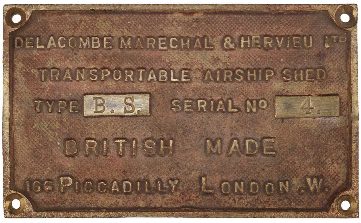 Lot 501 - Airship Shed Plaque. WWI RNAS airship shed brass plaque circa 1917