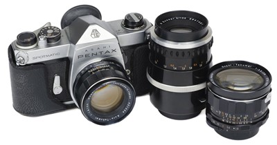 Lot 207 - Pentax Spotmatic 35mm SLR film camera with 28mm, 55mm and 135mm lenses + Voigtlander & Agfa cameras