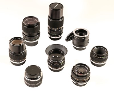 Lot 205 - Olympus OM-system Zuiko prime and zoom lenses (28mm, 50mm, 135mm, 35-70mm, 75-150mm)