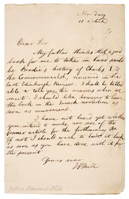 Lot 223 - Mill (John Stuart, 1806-1873), Autograph Letter Signed, ‘J S Mill’, Monday 11 o’clock, 12 July 1824