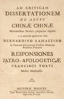 Lot 352 - Torti (Francesco). Ad criticam dissertationem du abusu chinae, 1715