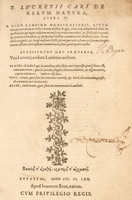 Lot 278 - Lucretius  De Rerum Natura, libri VI, Paris: Jean Bienné, 1570