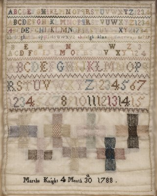 Lot 449 - Sampler. A needlework alphabet and darning sampler by Martha Knight, née Spriggs, 30th April, 1788