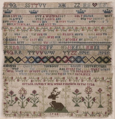 Lot 450 - Sampler. A needlework picture by Esther Savory, 1760