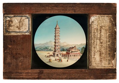 Lot 79 - China. A rare hand-painted magic lantern slide of the painting of the Porcelain Pagoda near Nanking