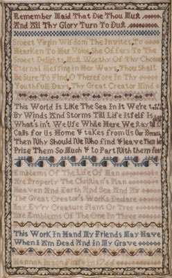 Lot 451 - Sampler. A needlework picture by Hannah Juson, 1766