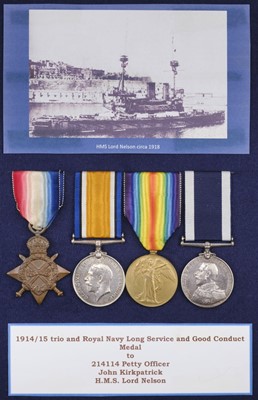 Lot 101 - WWI Medals. Four: Petty Officer J. Kirkpatrick, Royal Navy