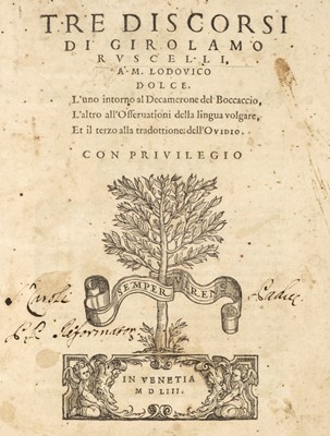 Lot 267 - Ruscelli (Girolamo). Tre Discorsi di Girolamo Ruscelli..., 1553