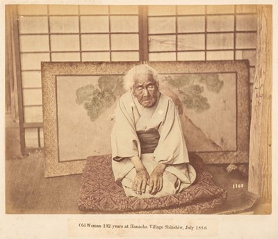 Lot 110 - Japan. 'Old woman 102 years at Hanaoka Village Shinshiw, July 1886', albumen print photograph