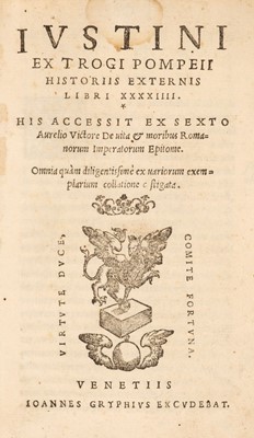 Lot 271 - Justinus (Marcus Junianus). Justini ex Trogi Pompeii Historiis... , 1559, Venice: Joannes Gryphius