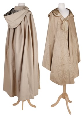 Lot 430 - Clothing. A silk cape, wool cloak, cotton shift dress, and skirt, all Regency or earlier