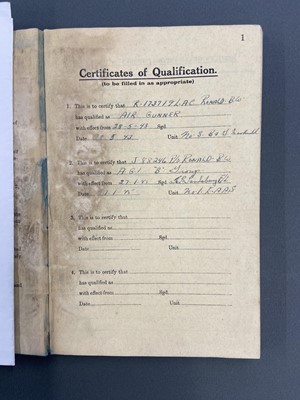 Lot 450 - Log Book. WWII RAF Log book kept by Air Gunner B.W. Ronald, 180 Squadron