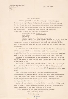 Lot 755 - Auden (Wystan Hugh, 1907-1973). Typed Letter Signed, ‘W. H. Auden’, 9 July 1966