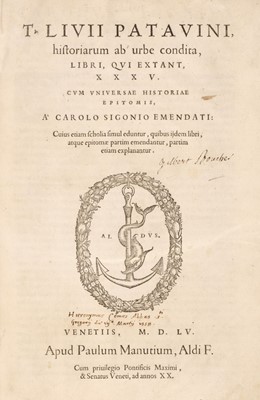 Lot 268 - Livy (Titus [and] Sigonius, Carolus). Carolus. Historiarum ab Urbe Condita [with] Scholia, 1555