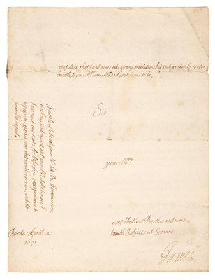 Lot 241 - James II  & VII (1633-1701). Letter Signed, 'James', as Duke of York, Breda, 4 April 1651