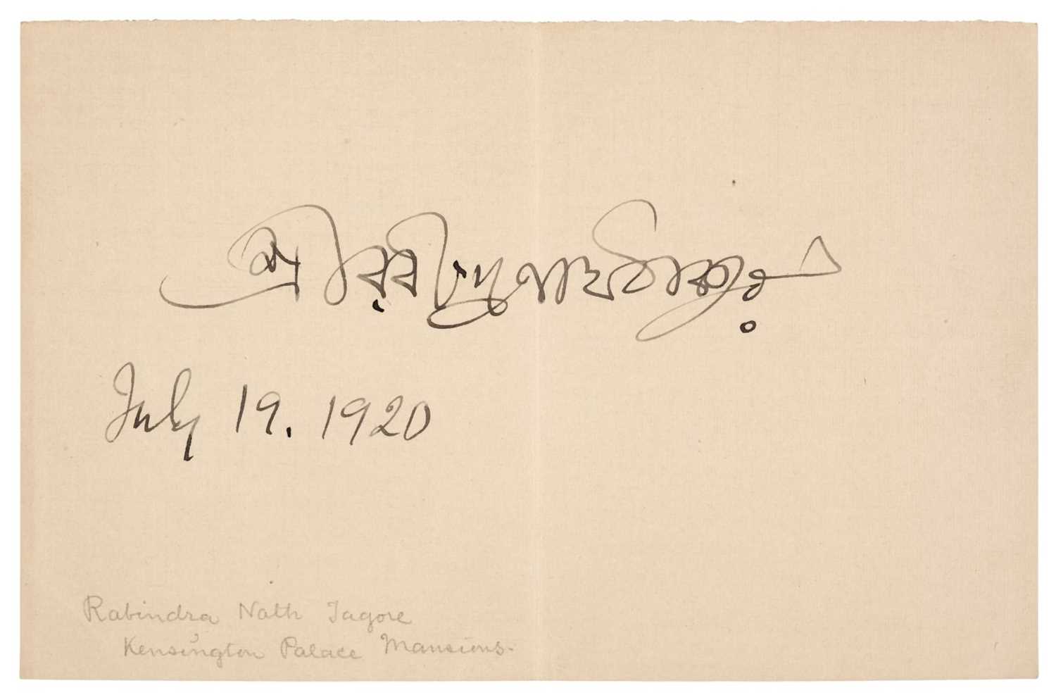 Lot 370 - Tagore (Rabindranath, 1861-1941). Autograph Ink Signature on an off-white sheet of paper