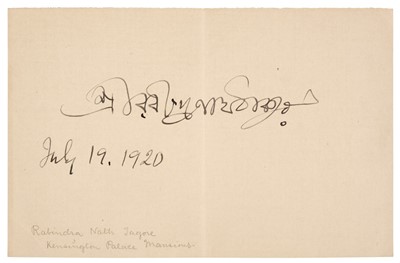 Lot 370 - Tagore (Rabindranath, 1861-1941). Autograph Ink Signature on an off-white sheet of paper