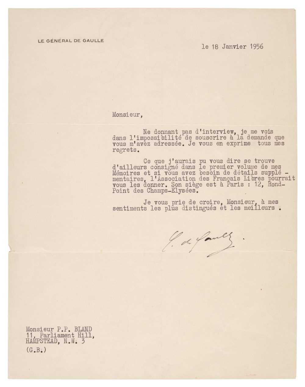 Lot 232 - De Gaulle (Charles, 1890-1970). Typed Letter