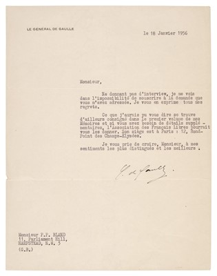 Lot 283 - De Gaulle (Charles, 1890-1970). Typed Letter Signed, 'C. de Gaulle', 18 January 1956