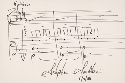 Lot 296 - Sondheim (Stephen, 1930-2021). Autograph Musical Quotation Signed, ‘Stephen Sondheim, 5/3/80'