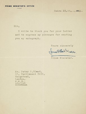 Lot 282 - Nasser (Gamal Abdel, 1918-1970). Typed Letter Signed, ‘Gamal Abdel Nasser’, 1955