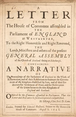 Lot 318 - English Civil War.  A Letter from the House of Commons, August 8. 1648