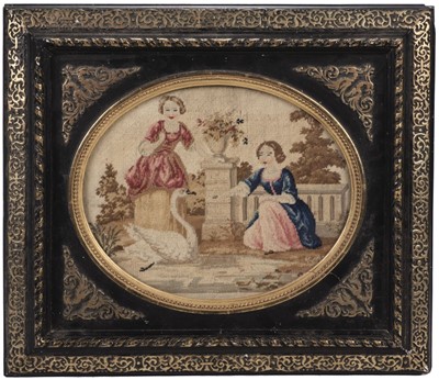 Lot 522 - Needlepoint Picture. Two children with a swan, British, circa 1850