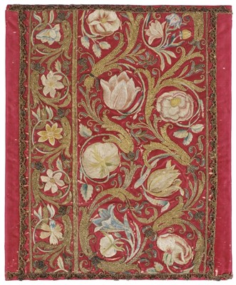 Lot 487 - Embroidered Panel. A silkwork and metalwork panel, British, 17th century