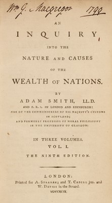 Lot 310 - Smith (Adam). An Inquiry into the Nature and Causes of the Wealth of Nations, 1799