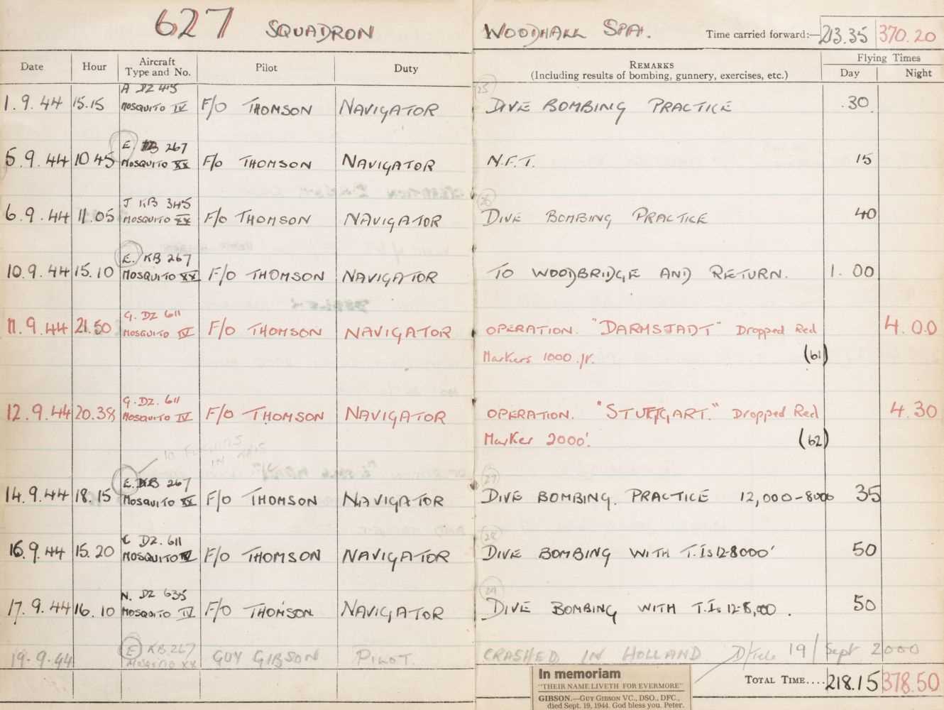 Lot 247 - Logbook. A WWII RAF kept by Sergeant B.E.B. Harris, 627 Squadron, 66 operations