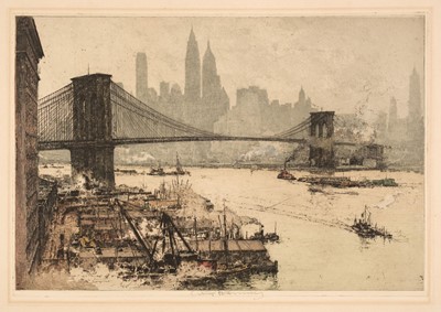 Lot 340 - Kasimir (Luigi, 1881-1962). Brooklyn Bridge, New York, circa 1930, etching printed in colours