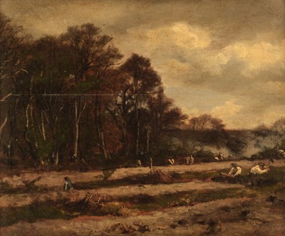 Lot 128 - Huet (Paul, 1803-1869). Landscape with field workers near the forest of Compiègne